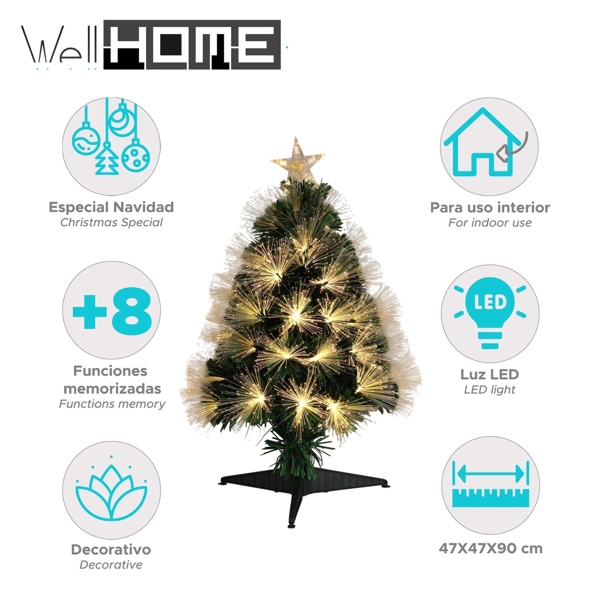 Árbol de Navidad fibra óptica 90 LED blanco cálido estrella H90cm (2)