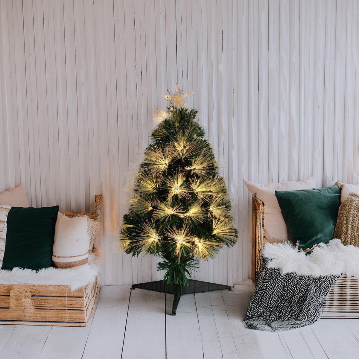 Árbol de Navidad fibra óptica 90 LED blanco cálido estrella H90cm (4)