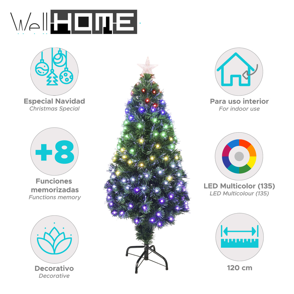 Árbol de Navidad fibra óptica 135 LED RGB 8 funciones H120cm (2)