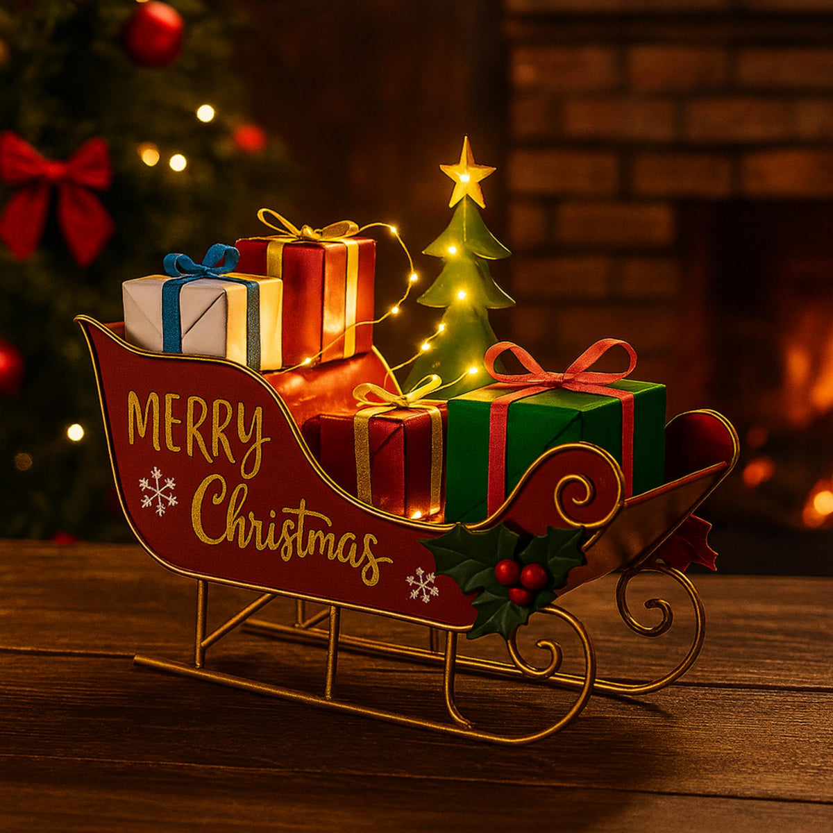 Figura decorativa trineo con regalos de metal y luces LED (3)