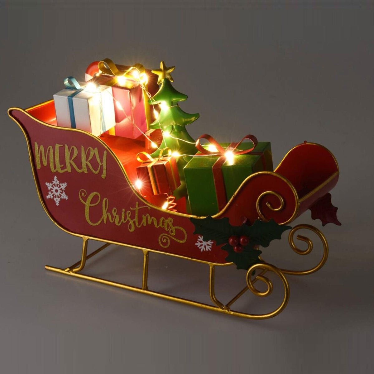 Figura decorativa trineo con regalos de metal y luces LED (4)