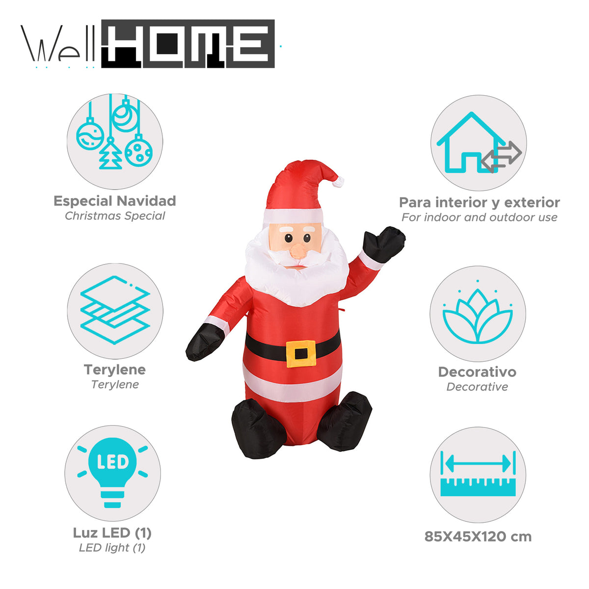 Papá Noel inflable con luces LED 85x45x120cm (2)