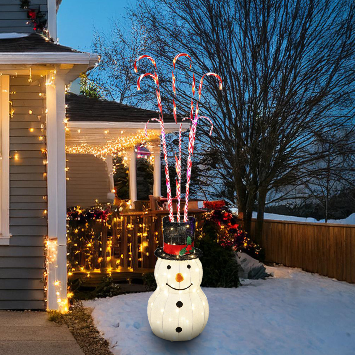 Muñeco de nieve LED bastones caramelo luces cálidas H180cm (4)