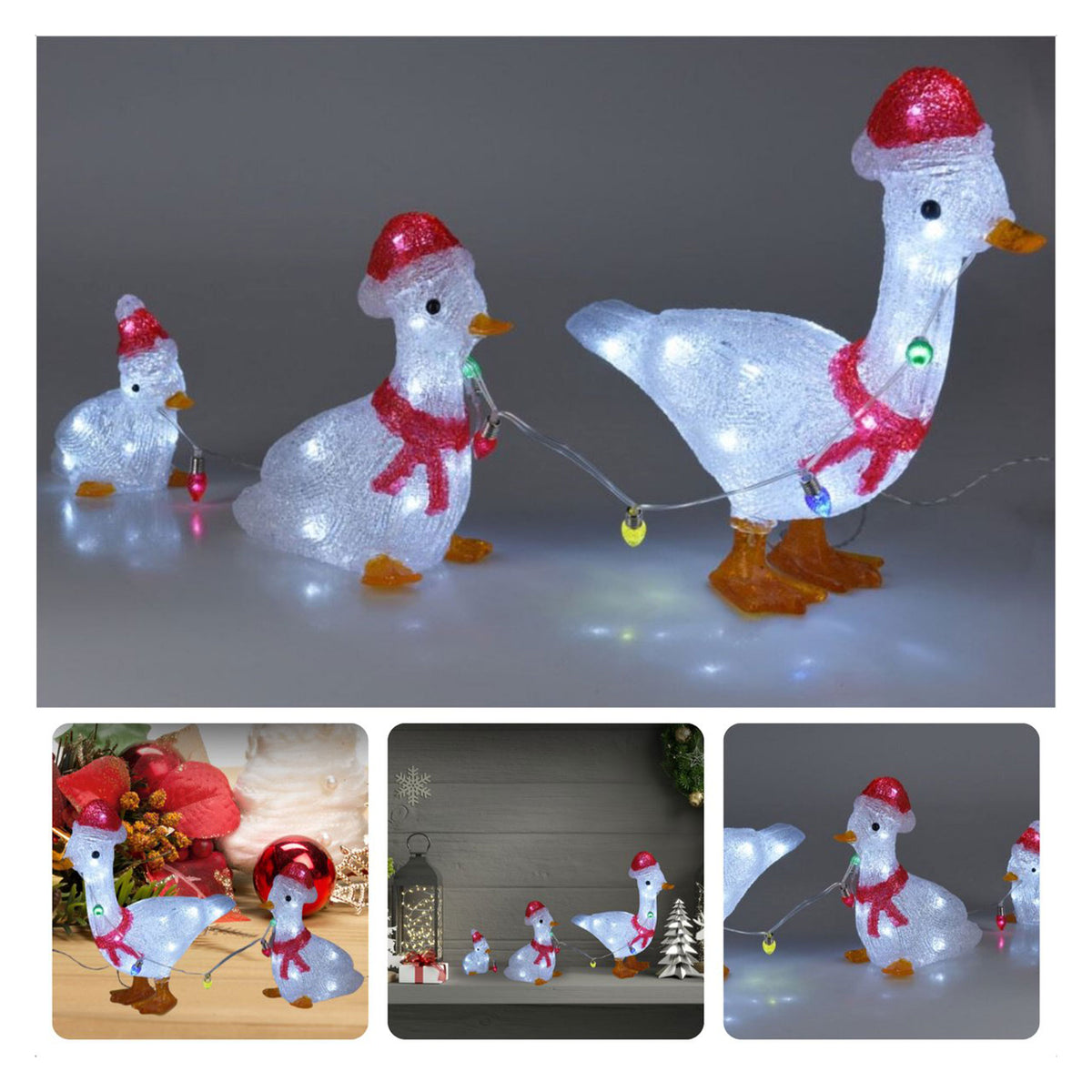 Set 3 patos decorativos navideños LED blancas con temporizador (6)