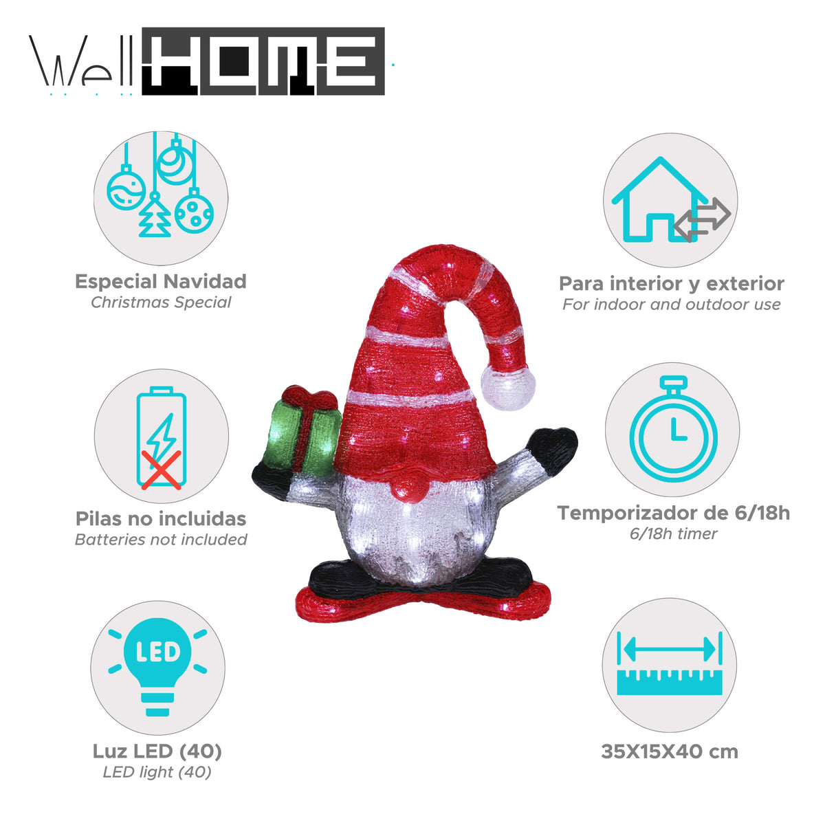 Gnomo navideño con 40 luces LED y temporizador 35x15x40cm (2)