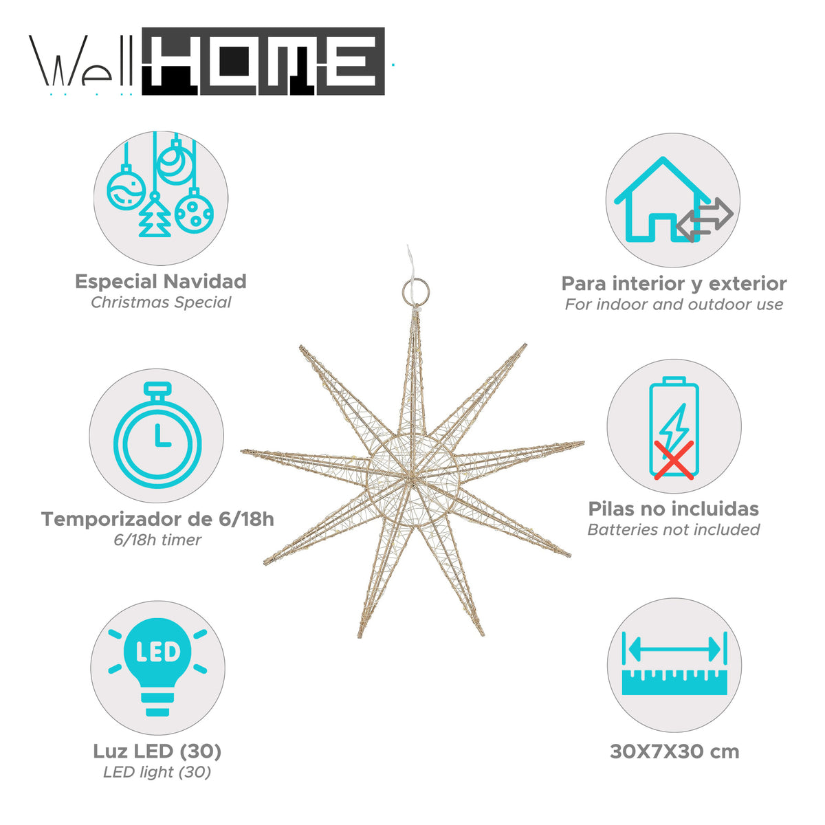 Estrella LED colgante de alambre 20 luces decorativa 30x7cm (2)