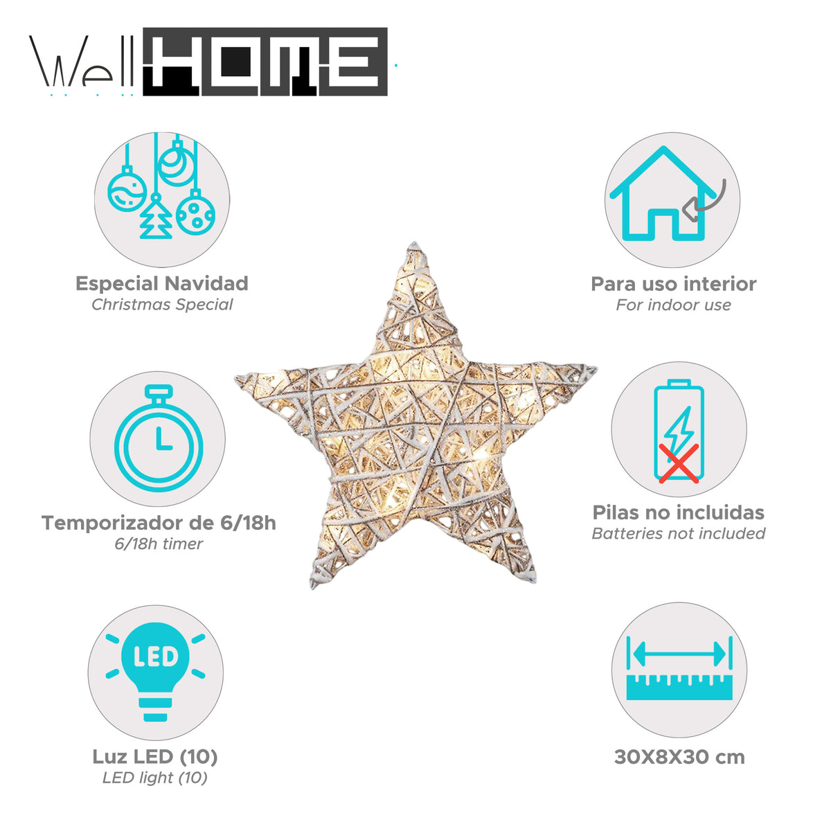 Estrella decorativa luminosa con purpurina 10 LED 30x8x30cm (2)