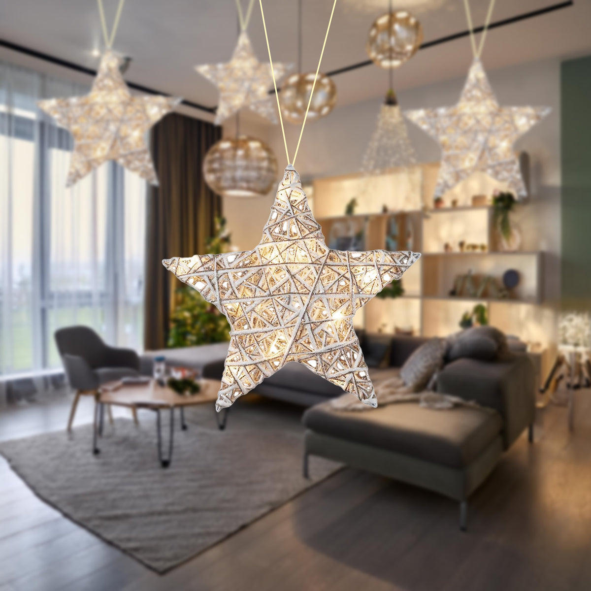 Estrella decorativa luminosa con purpurina 10 LED 30x8x30cm (4)