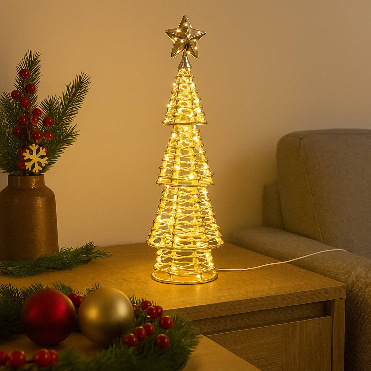 Árbol navideño 200 micro LED blanco cálido diseño retorcido H68cm (3)