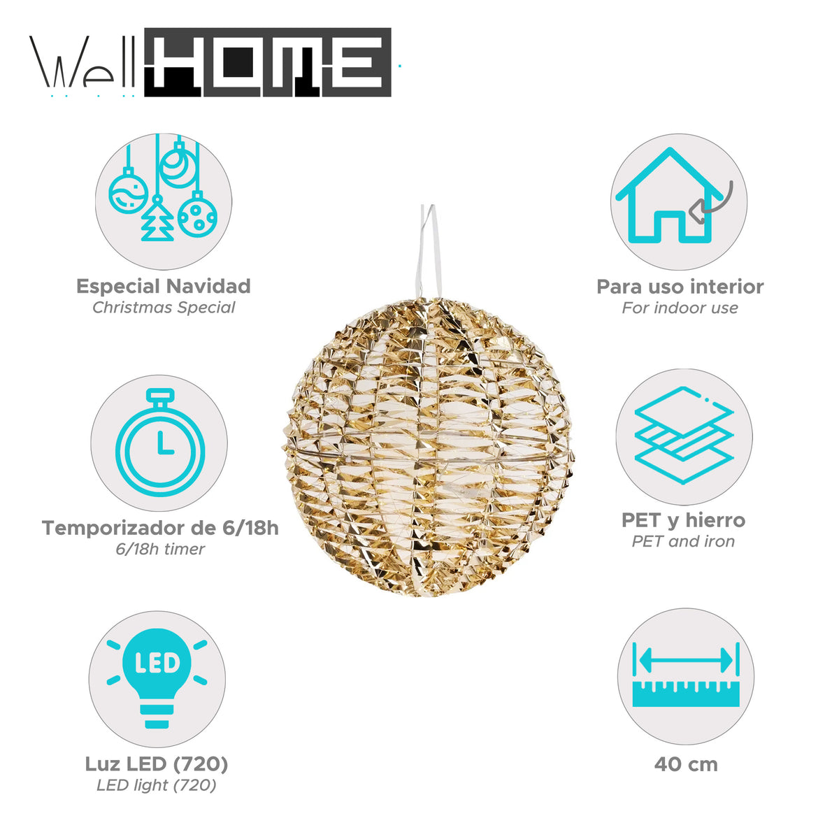 Bola luminosa decorativa oro brillante 720 micro LED Ø40cm (2)