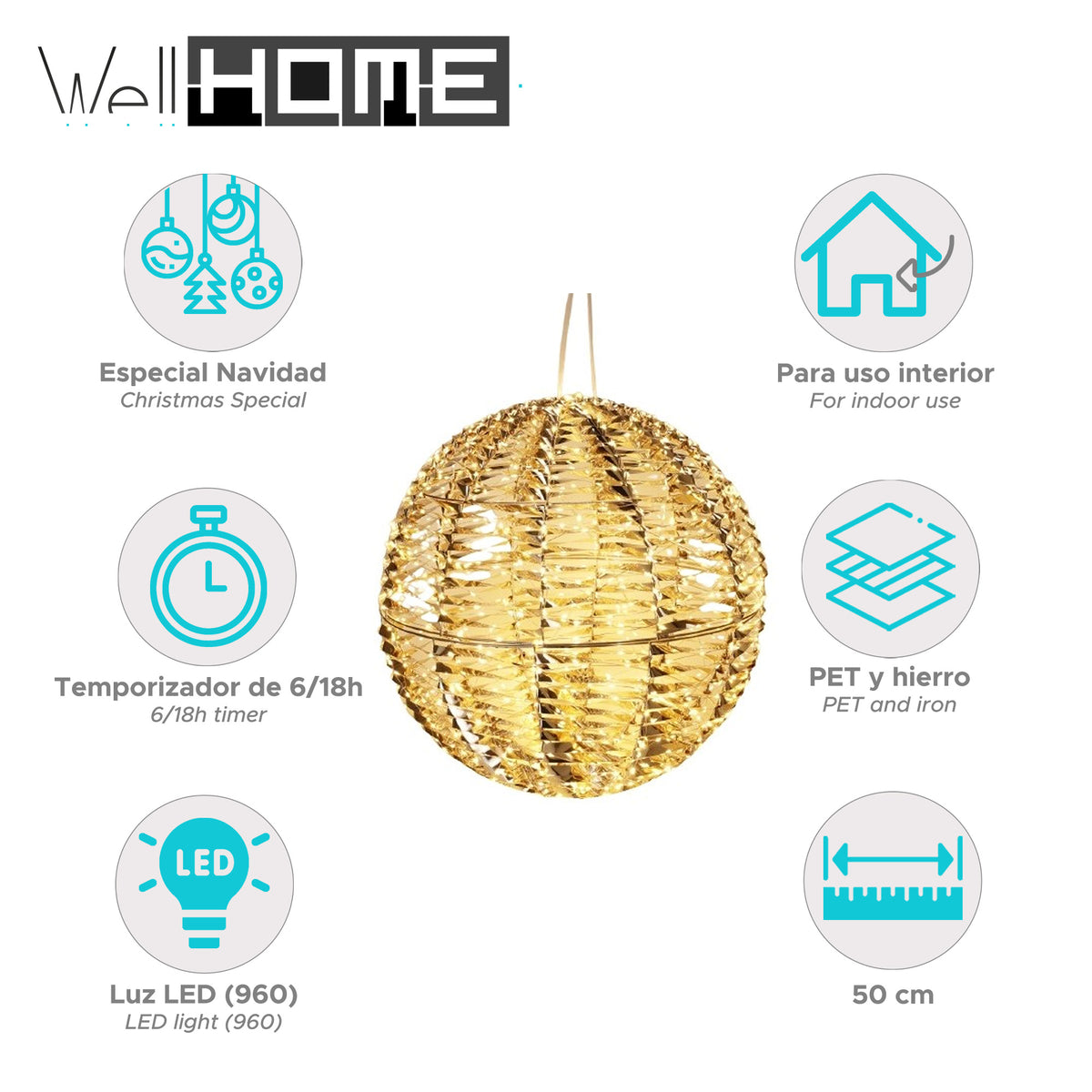 Bola luminosa decorativa oro brillante 960 micro LED Ø50cm (2)