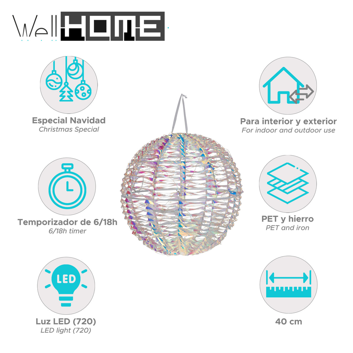 Bola metálica luminosa 720 micro LED arco iris retorcido Ø40cm (2)
