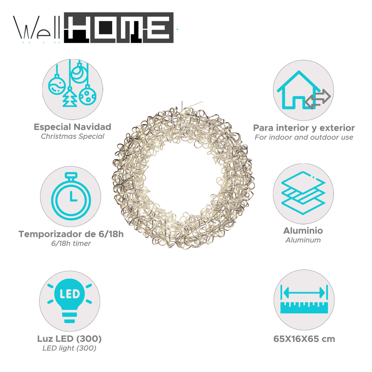 Corona aluminio luminosa con 300 micro LED 65x16x65cm (2)