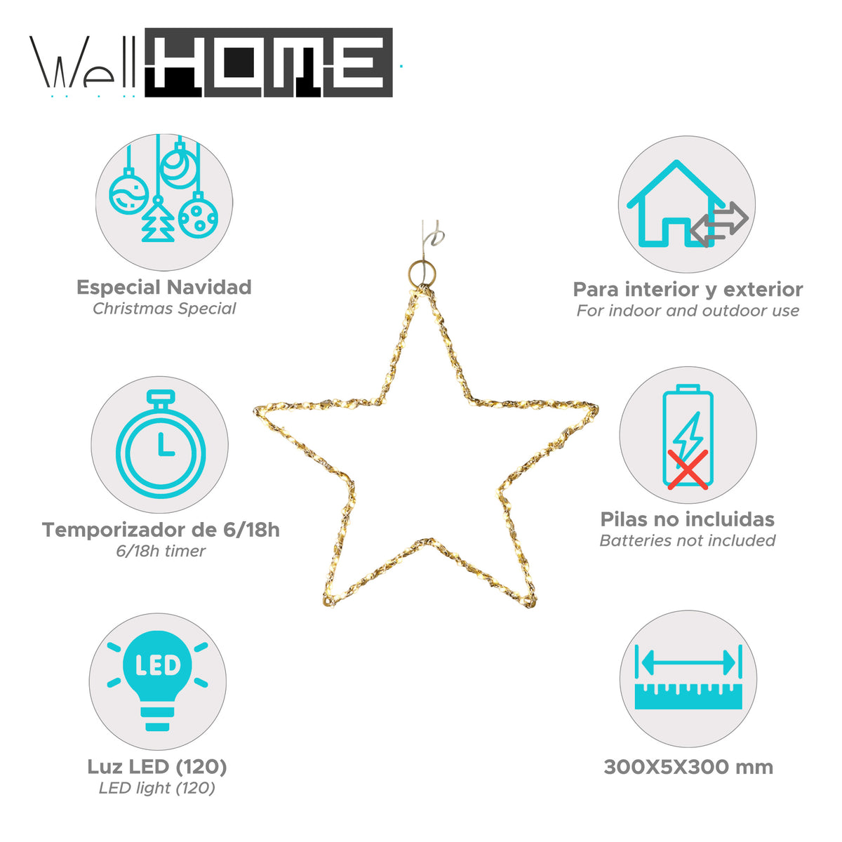 Estrella metal dorado luminosa con 120 luces LED 30x0,5x30cm (2)