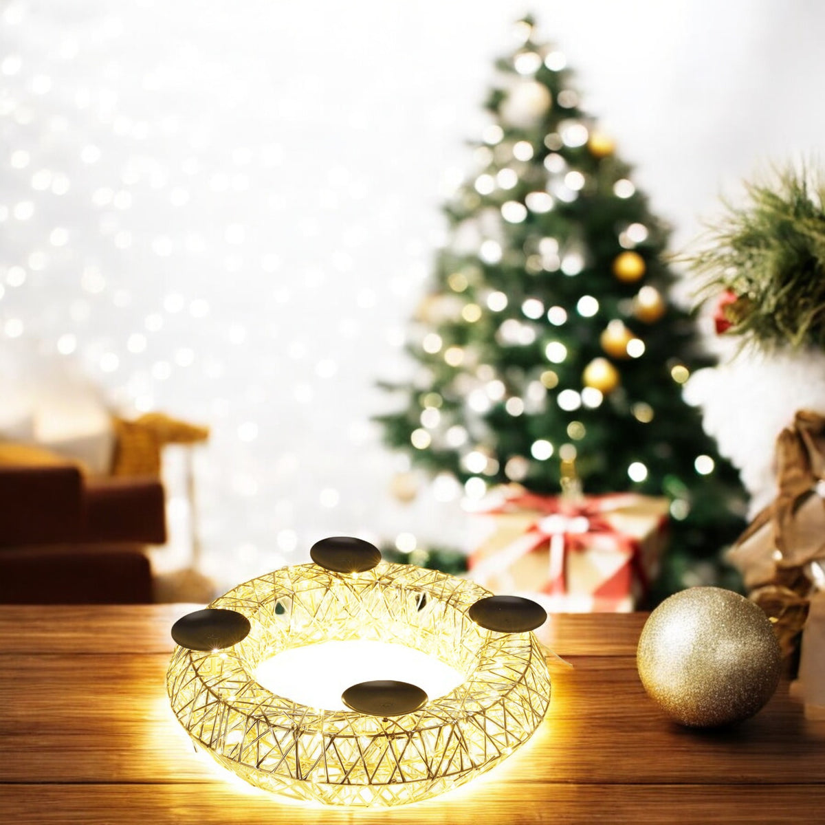 Corona portavelas navideña oro champagne 250 LED blanco cálido (3)