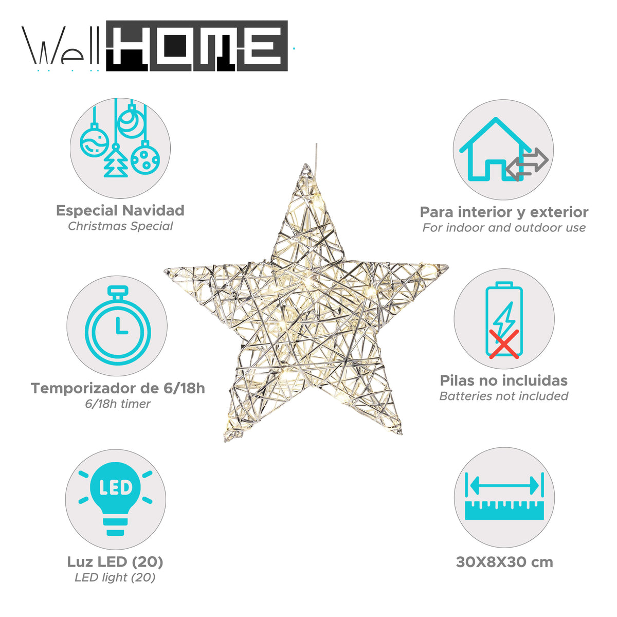 Estrella navideña plata 20 LED blanco cálido 30x8x30cm (2)