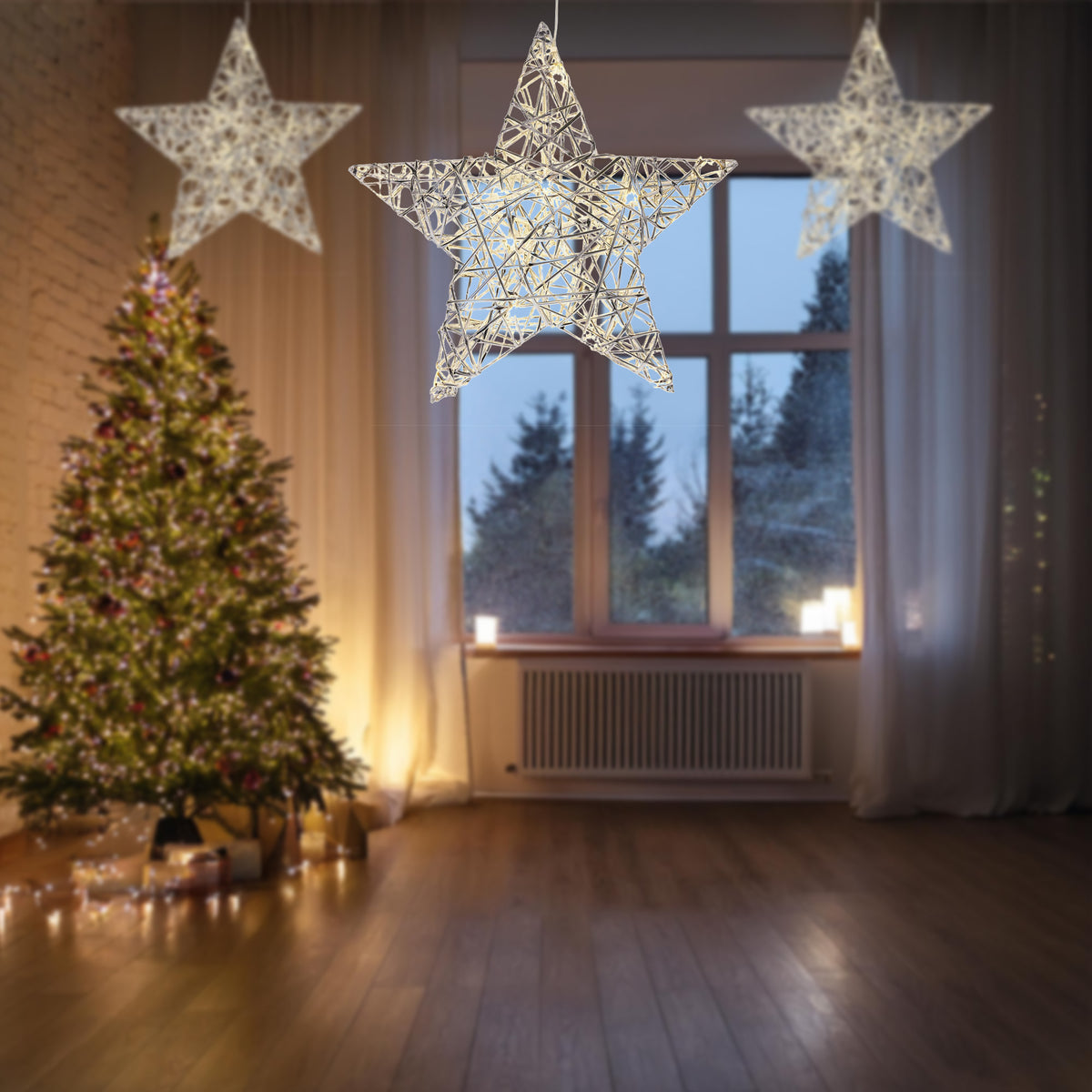 Estrella navideña plata 20 LED blanco cálido 30x8x30cm (4)