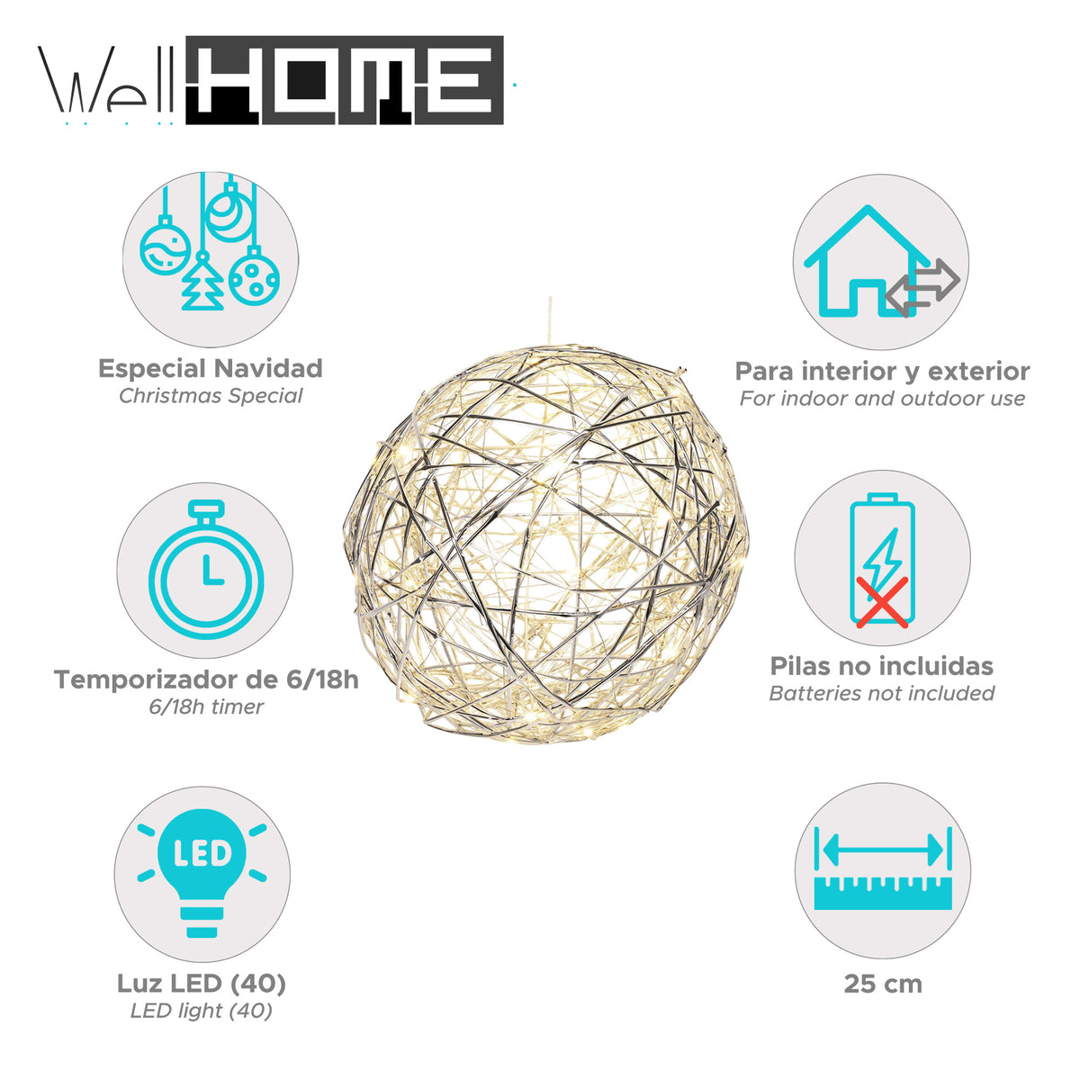 Bola navideña luminosa 40 luces LED blanco cálido Ø25cm (2)