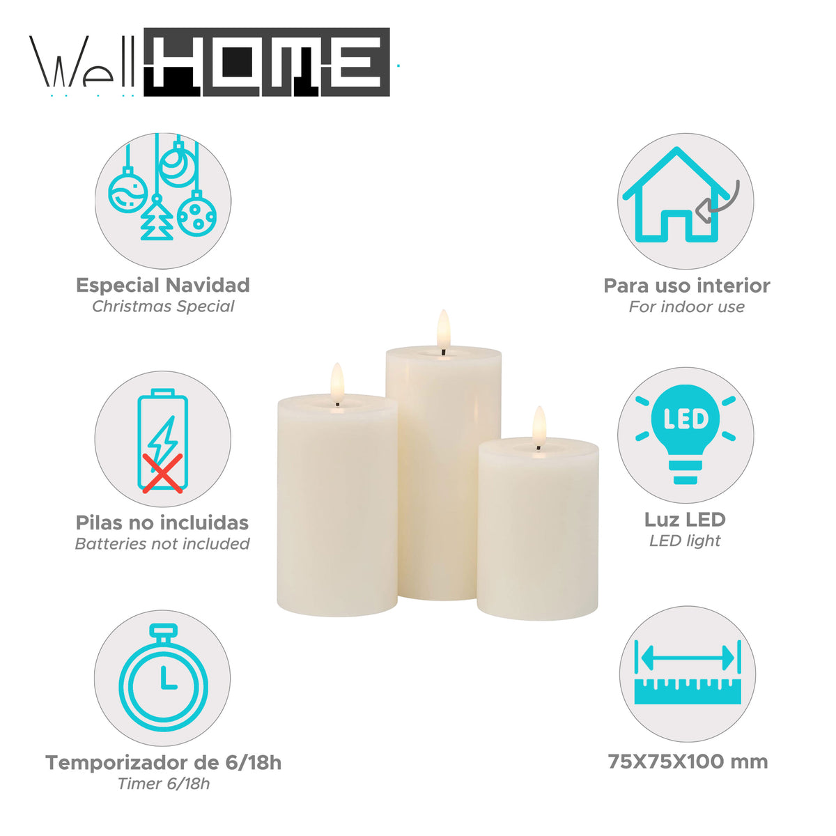 Set 3 velas LED de cera con temporizador diseño rústico crema (2)