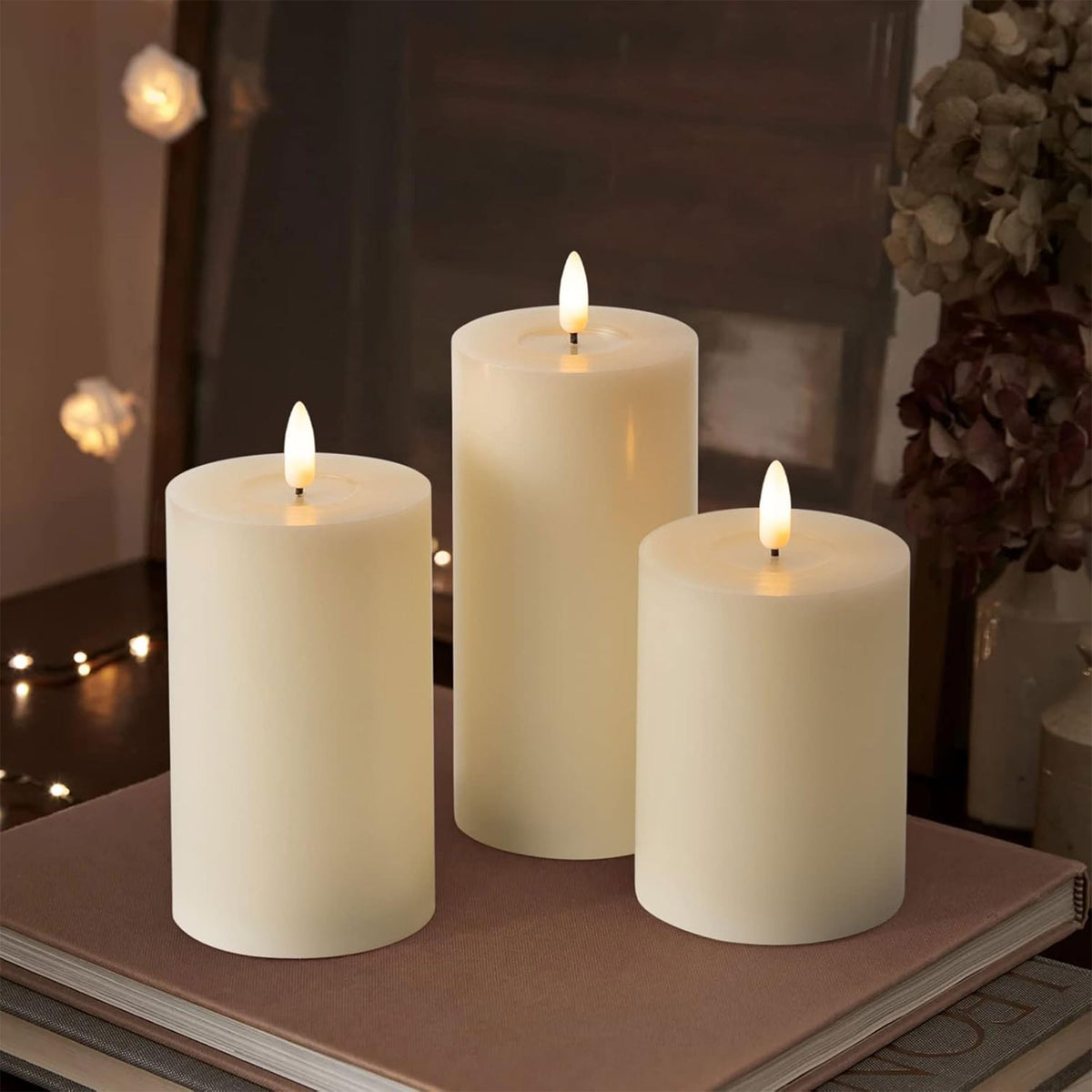 Set 3 velas LED de cera con temporizador diseño rústico crema (3)