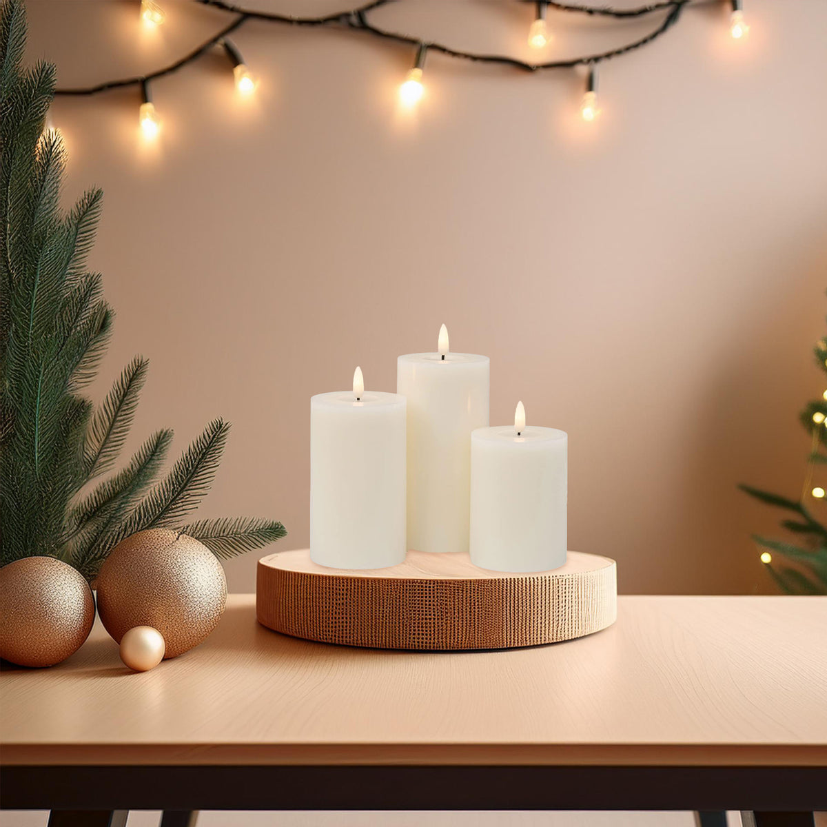 Set 3 velas LED de cera con temporizador diseño rústico crema (4)