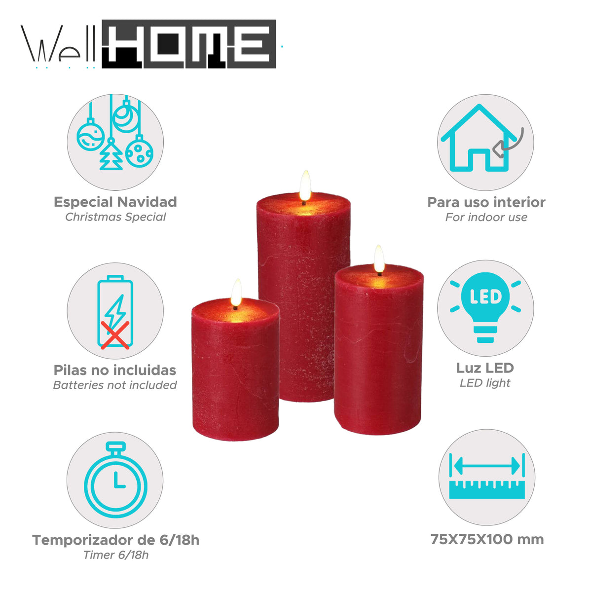 Set 3 velas LED rojas tamaños variados con temporizador (2)