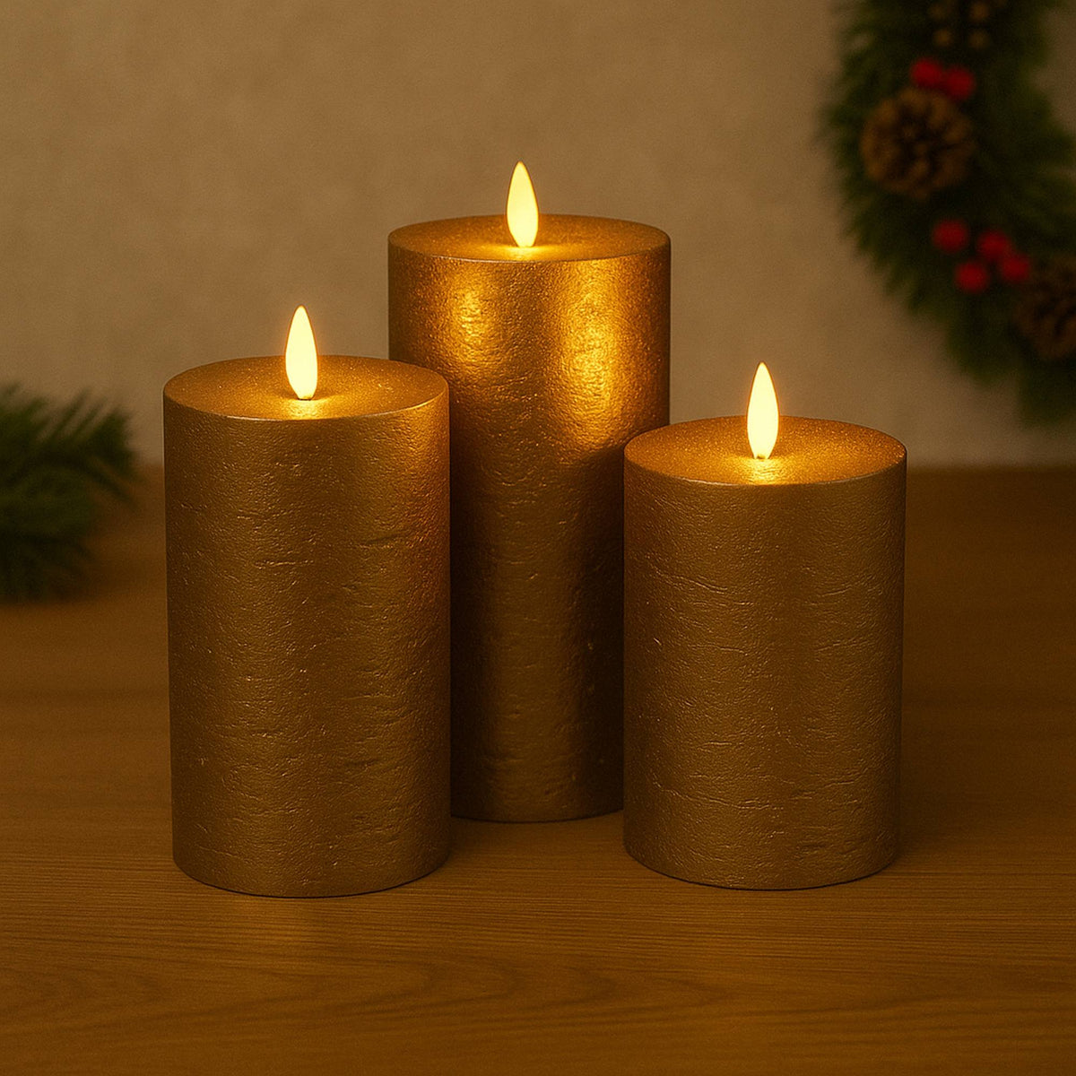 Set 3 velas LED color oro superficie rústica (3)
