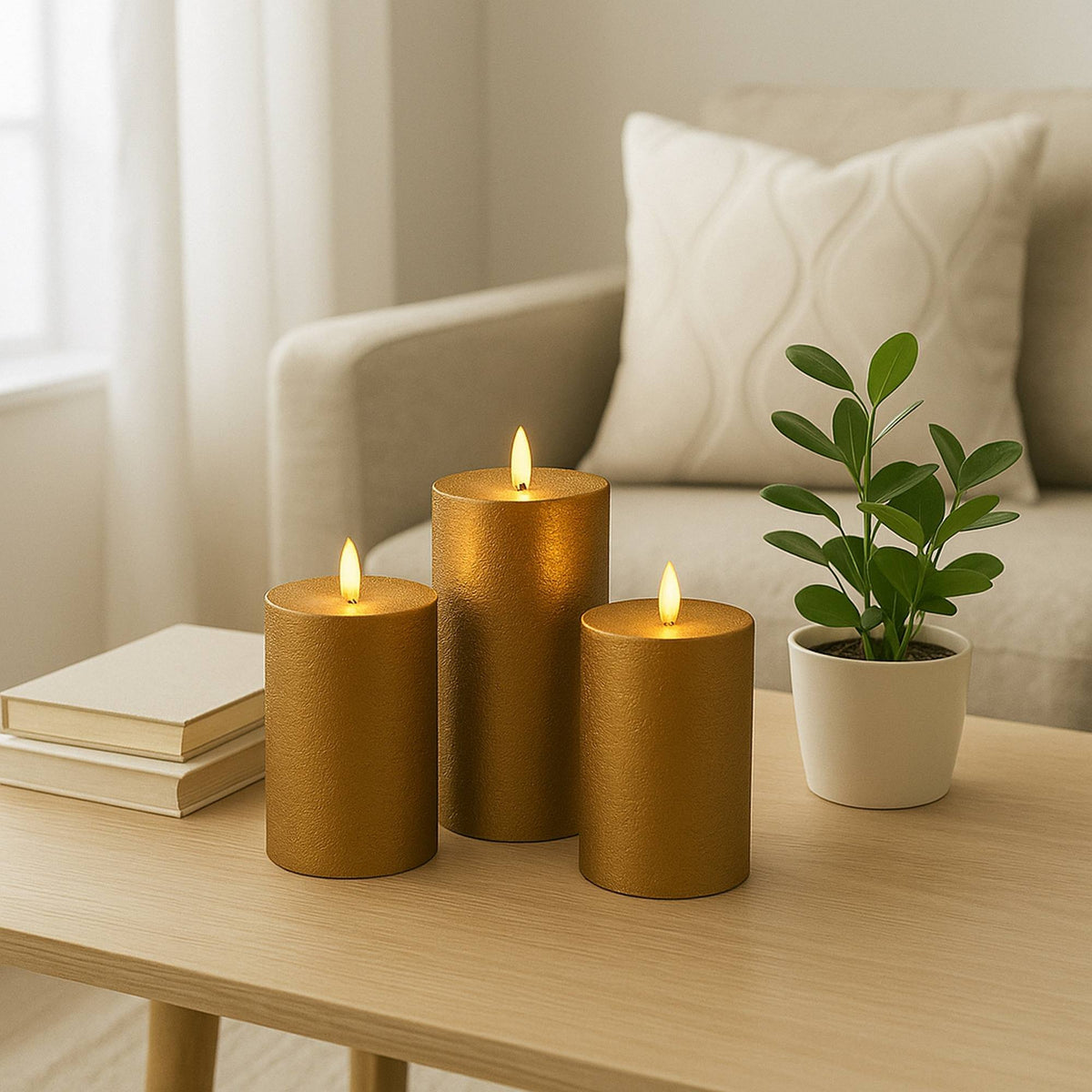 Set 3 velas LED color oro superficie rústica (4)