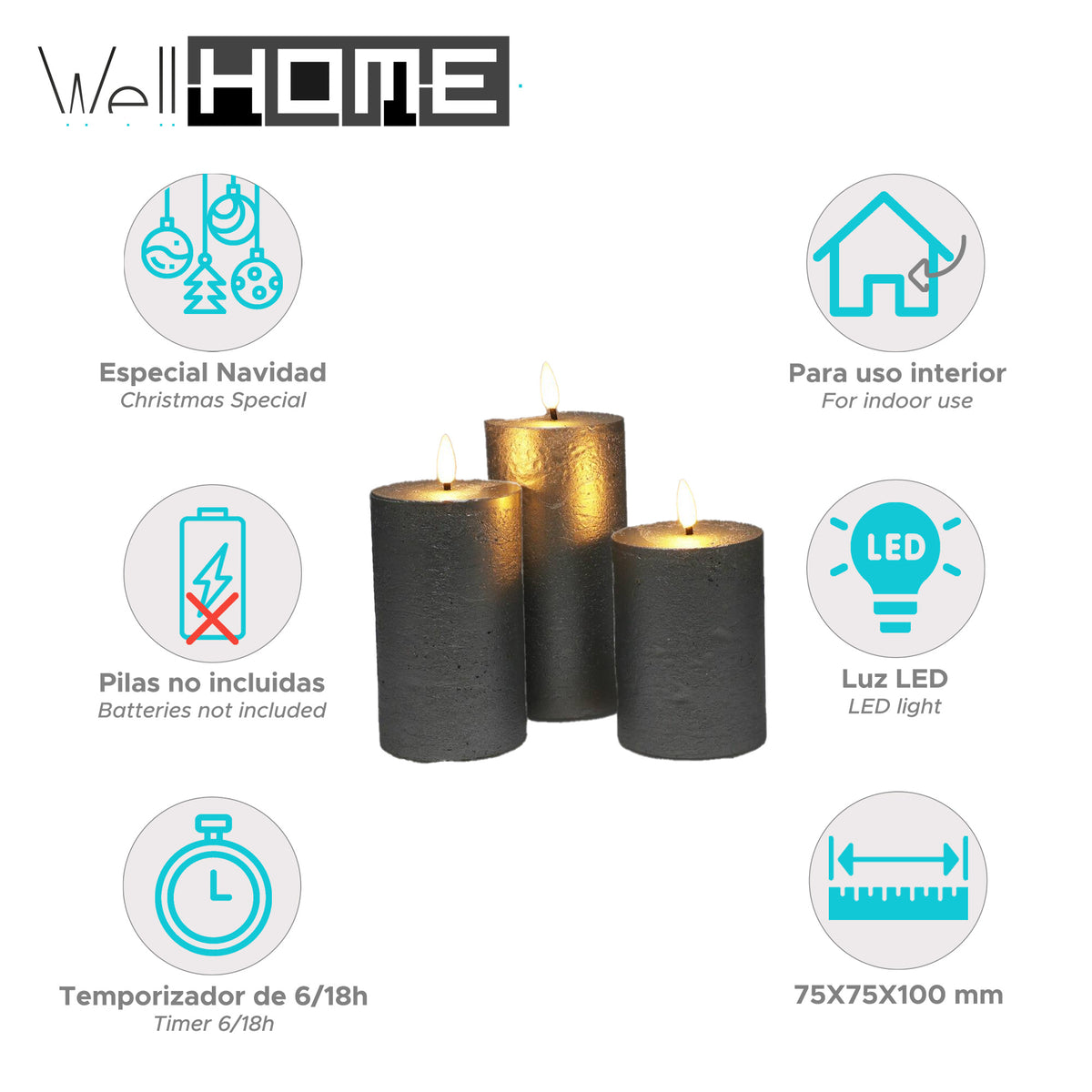 Set 3 velas LED color plata superficie rústica (2)