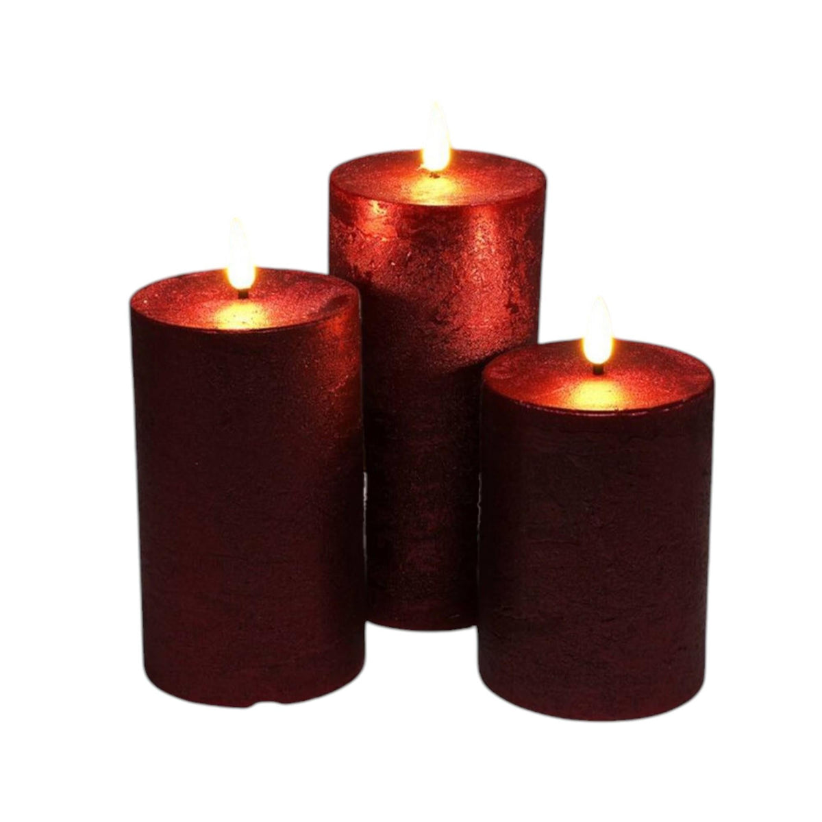 Set 3 velas LED color rojo superficie rústica