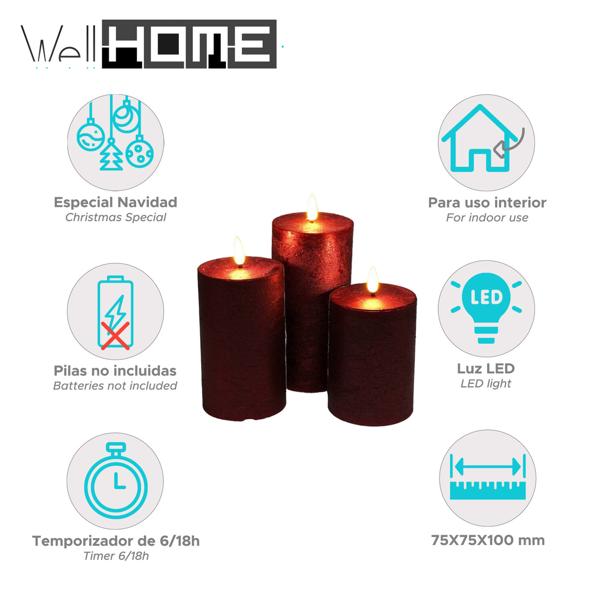 Set 3 velas LED color rojo superficie rústica (2)