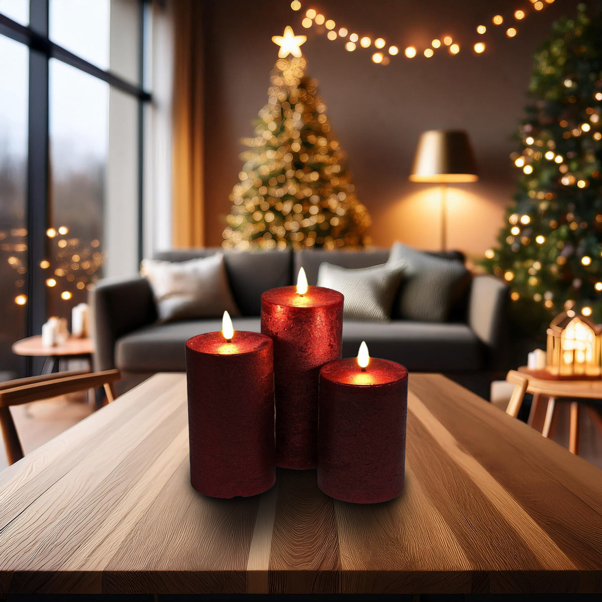 Set 3 velas LED color rojo superficie rústica (3)