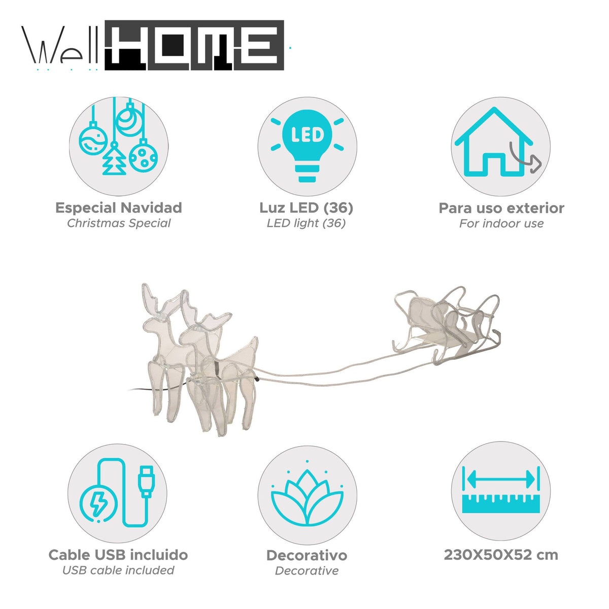 Decoración LED navideña de renos con trineo (2)