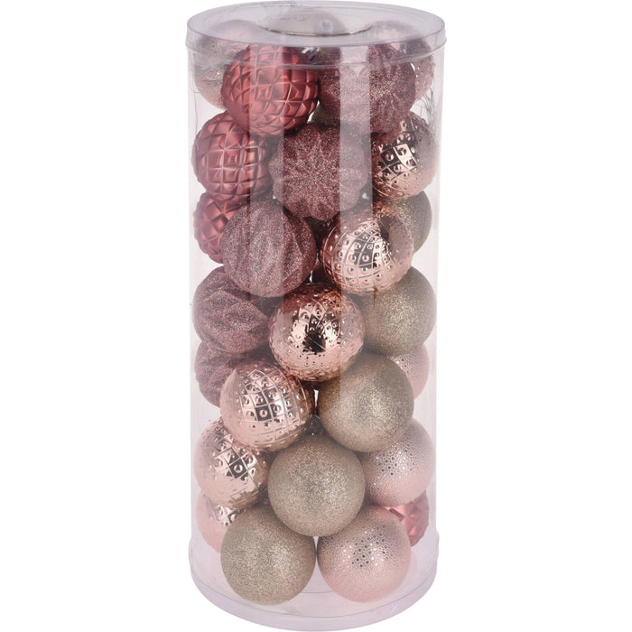 Set 35 bolas de Navidad Ø6cm 5 diseños en relieve color rosa