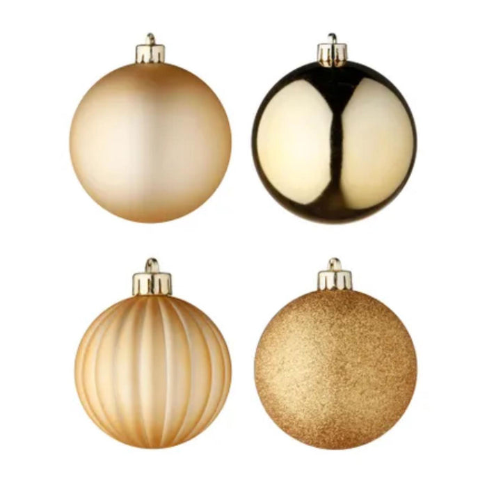 100 bolas de Navidad color dorado en tubo PET diseños variados