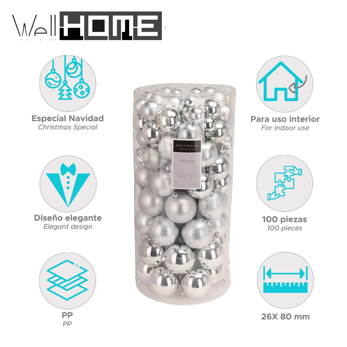 100 bolas de Navidad color plata en tubo PET diseños variados (2)