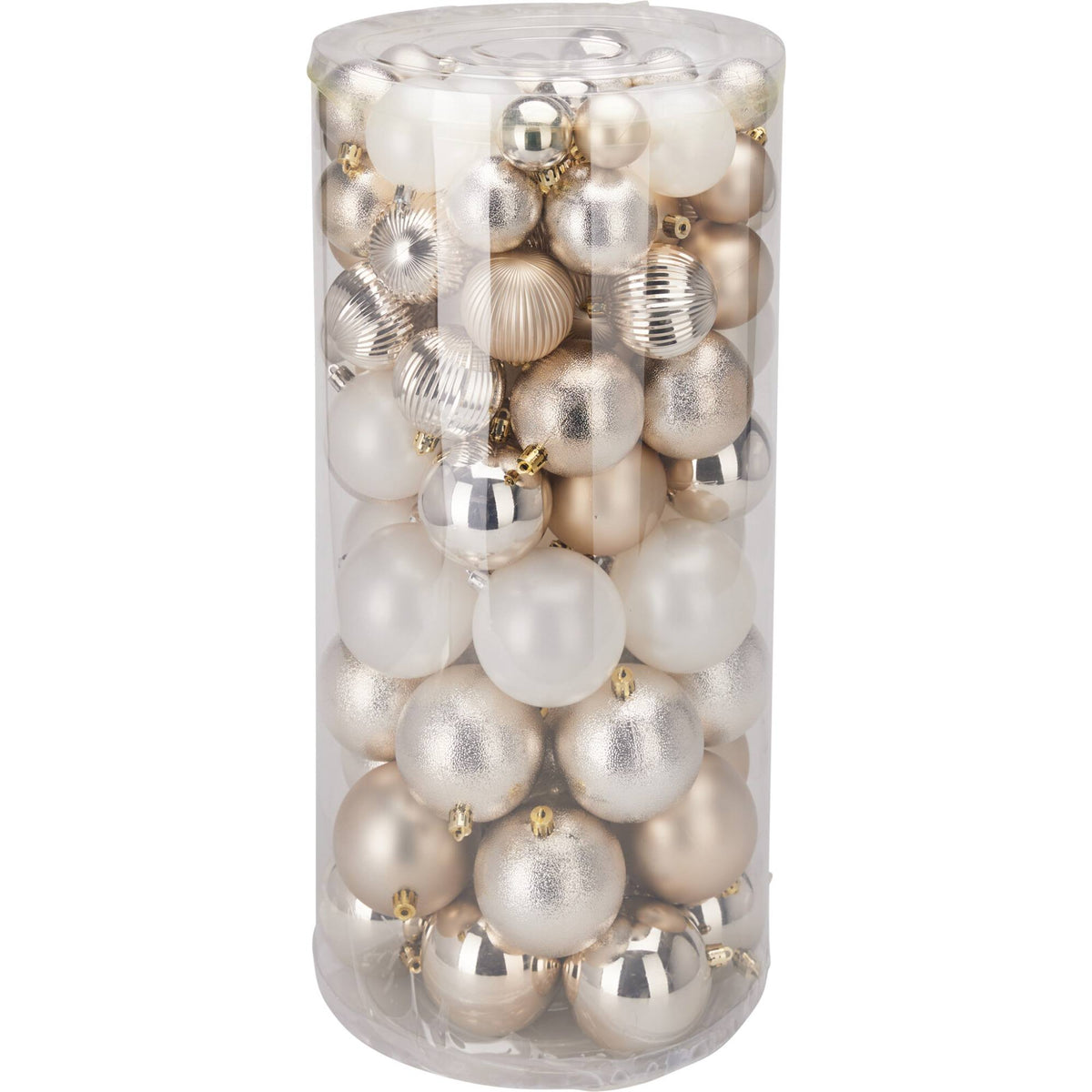 100 bolas de Navidad color oro claro en tubo PET diseños variados (4)