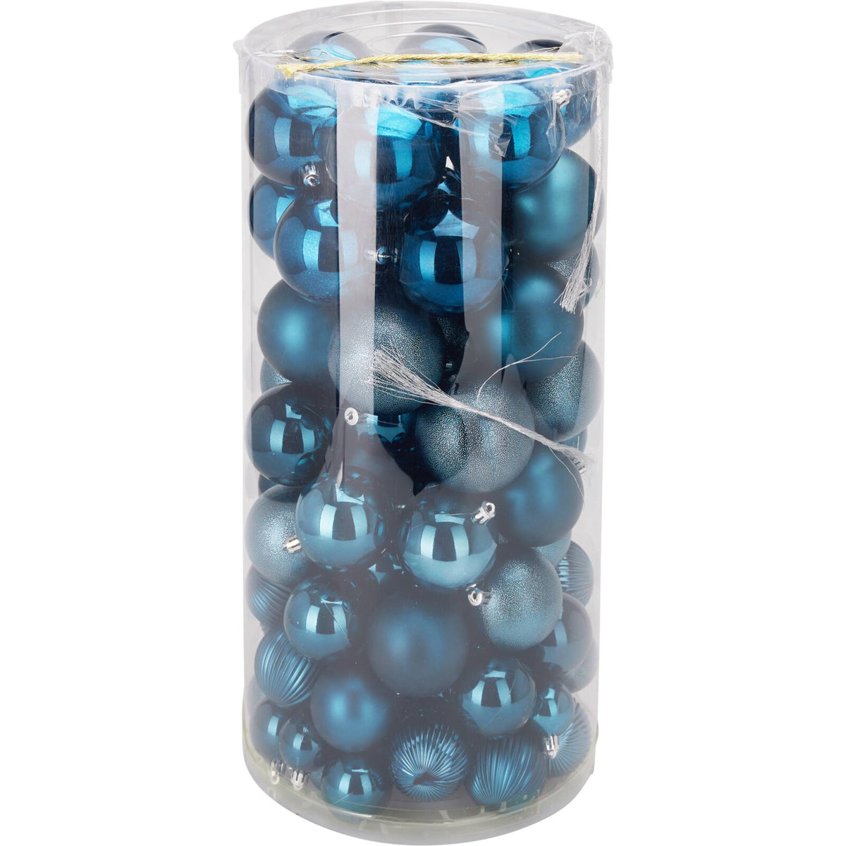 100 bolas de Navidad color azul en tubo PET diseños variados