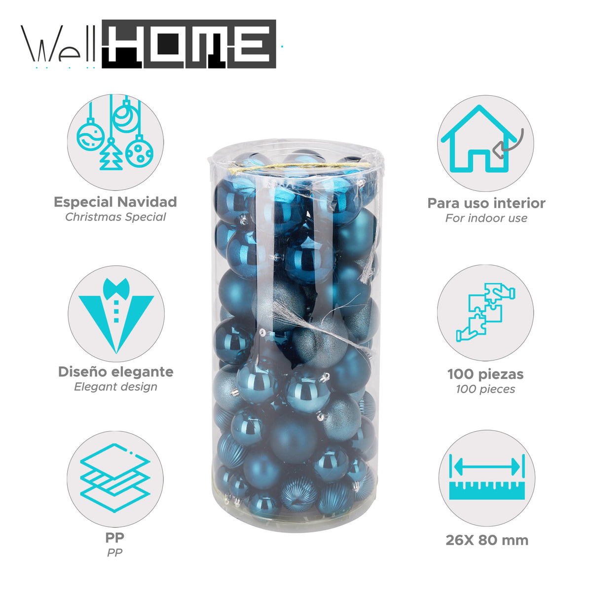 100 bolas de Navidad color azul en tubo PET diseños variados (2)