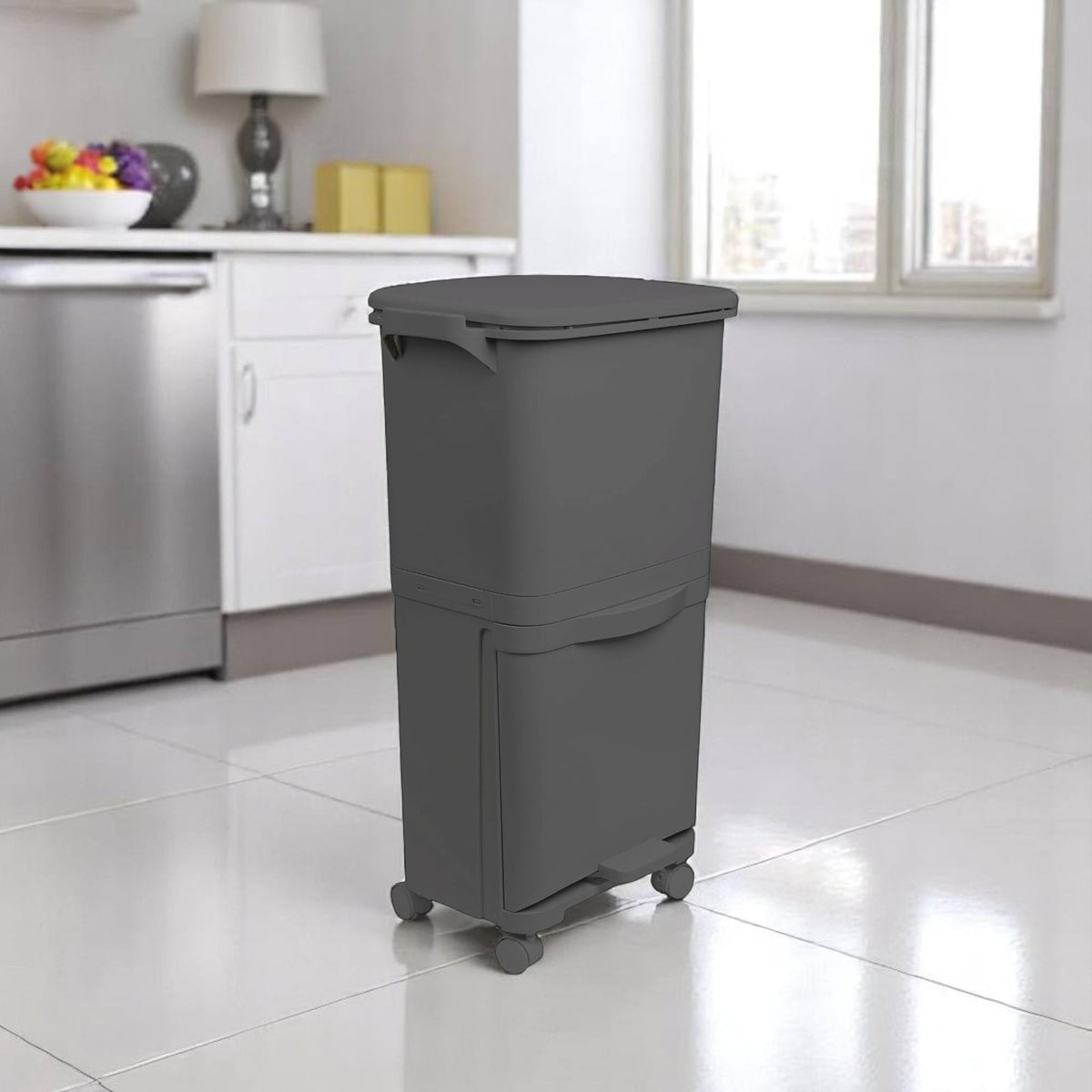 Papelera reciclaje 2 compartimentos pedal y ruedas 38L negro (4)