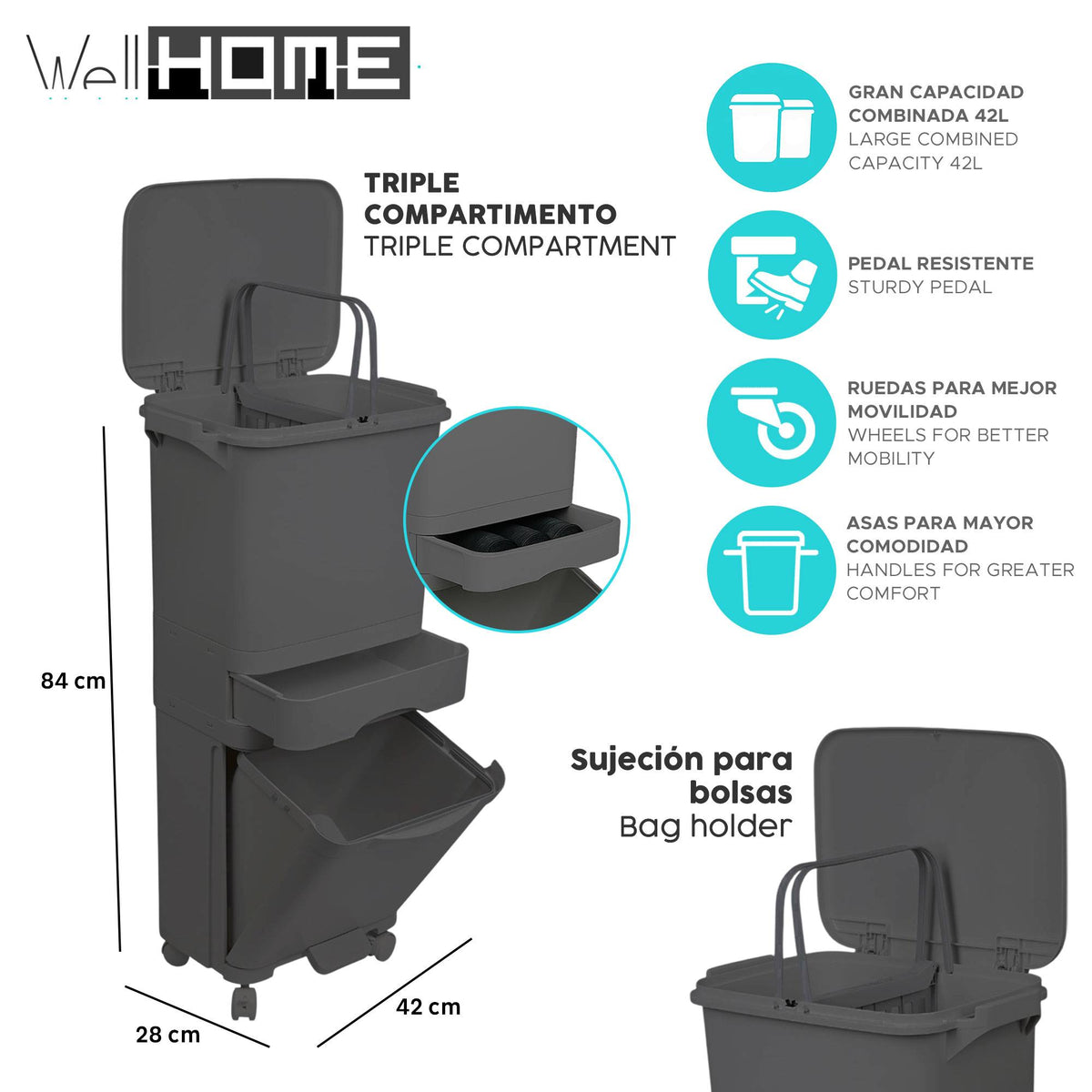 Papelera reciclaje triple comp. pedal ruedas negro 42L (2)