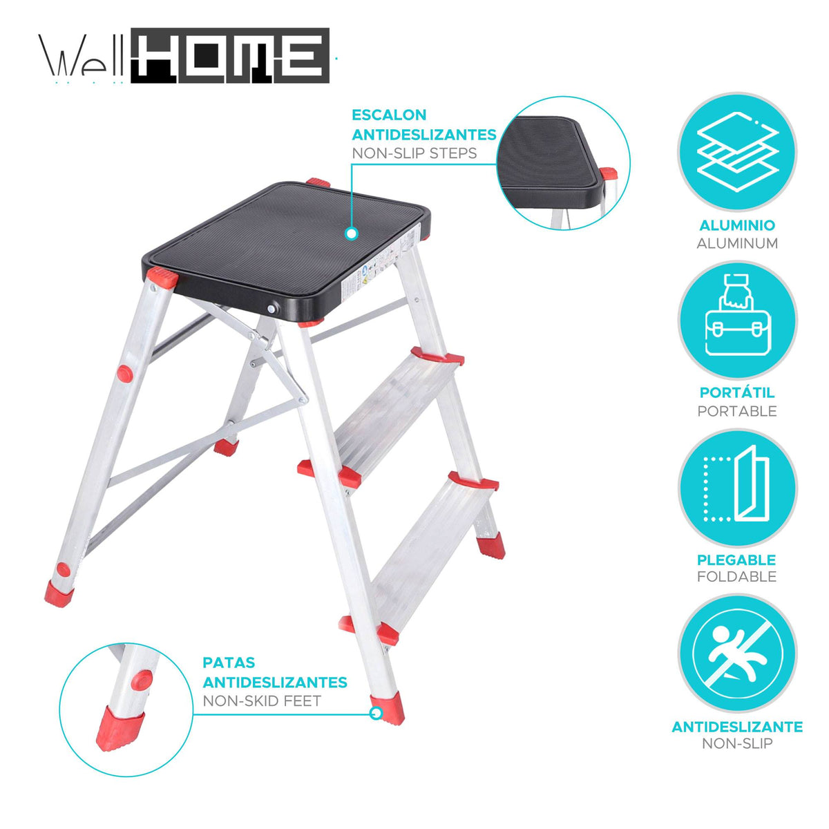 Escalera 3 peldaños aluminio plegable antideslizante color gris (2)