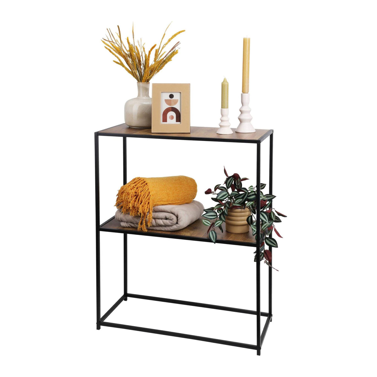 Mesa auxiliar de hierro con estantes de MDF 70x31x85cm