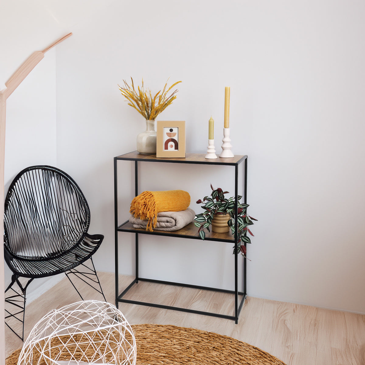 Mesa auxiliar de hierro con estantes de MDF 70x31x85cm (3)