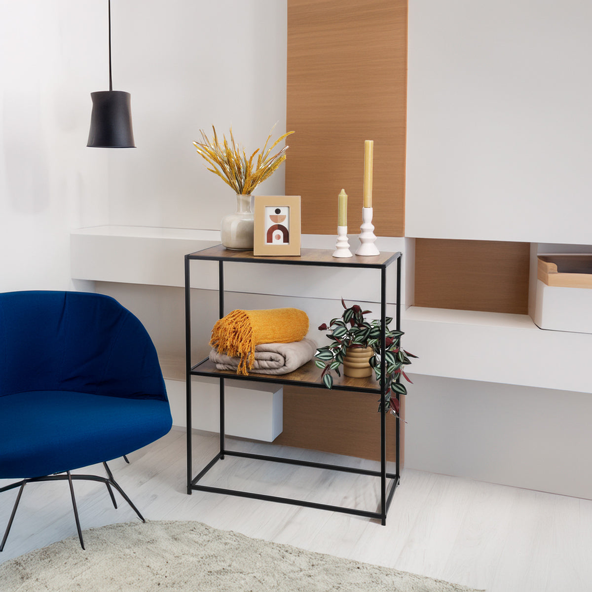 Mesa auxiliar de hierro con estantes de MDF 70x31x85cm (4)