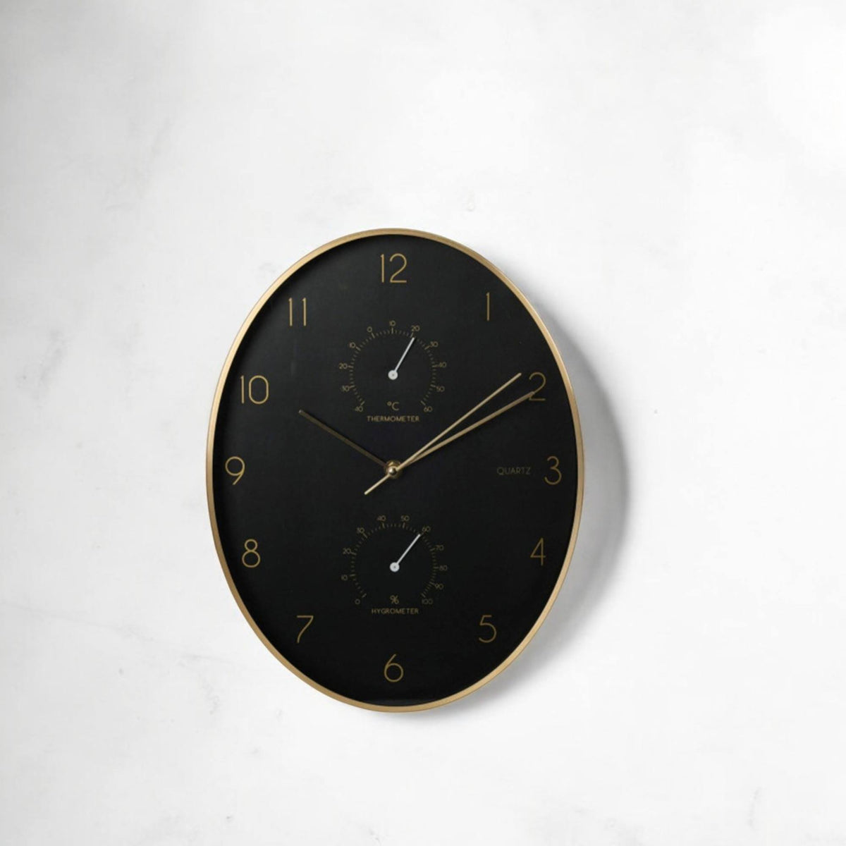 Reloj de pared moderno borde dorado termómetro higrómetro negro (4)