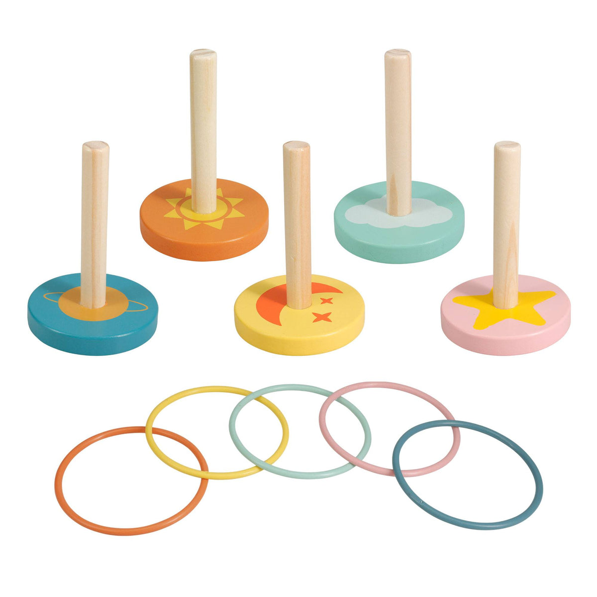 Juego de lanzamiento del anillo madera 5 soportes y 5 anillos