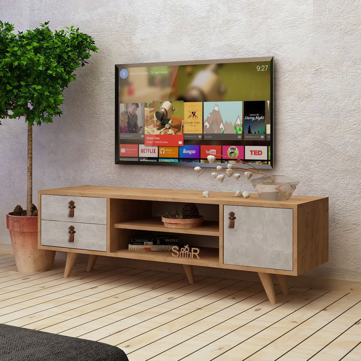 Mesa de TV melamina color marrón roble y blanco 120x53x40cm (2)