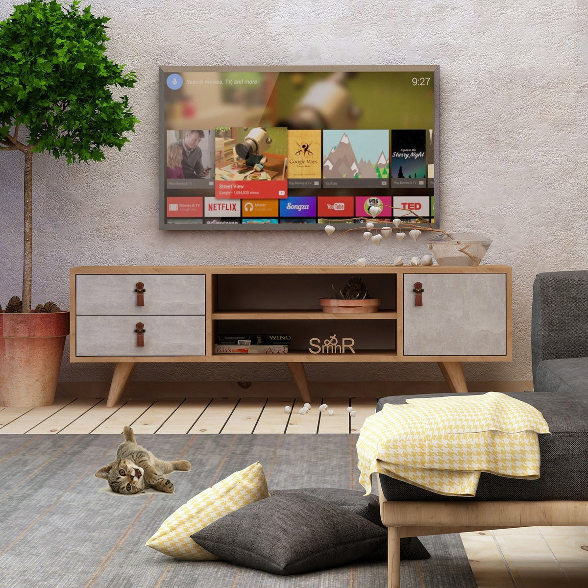 Mesa de TV melamina color marrón roble y blanco 120x53x40cm (3)