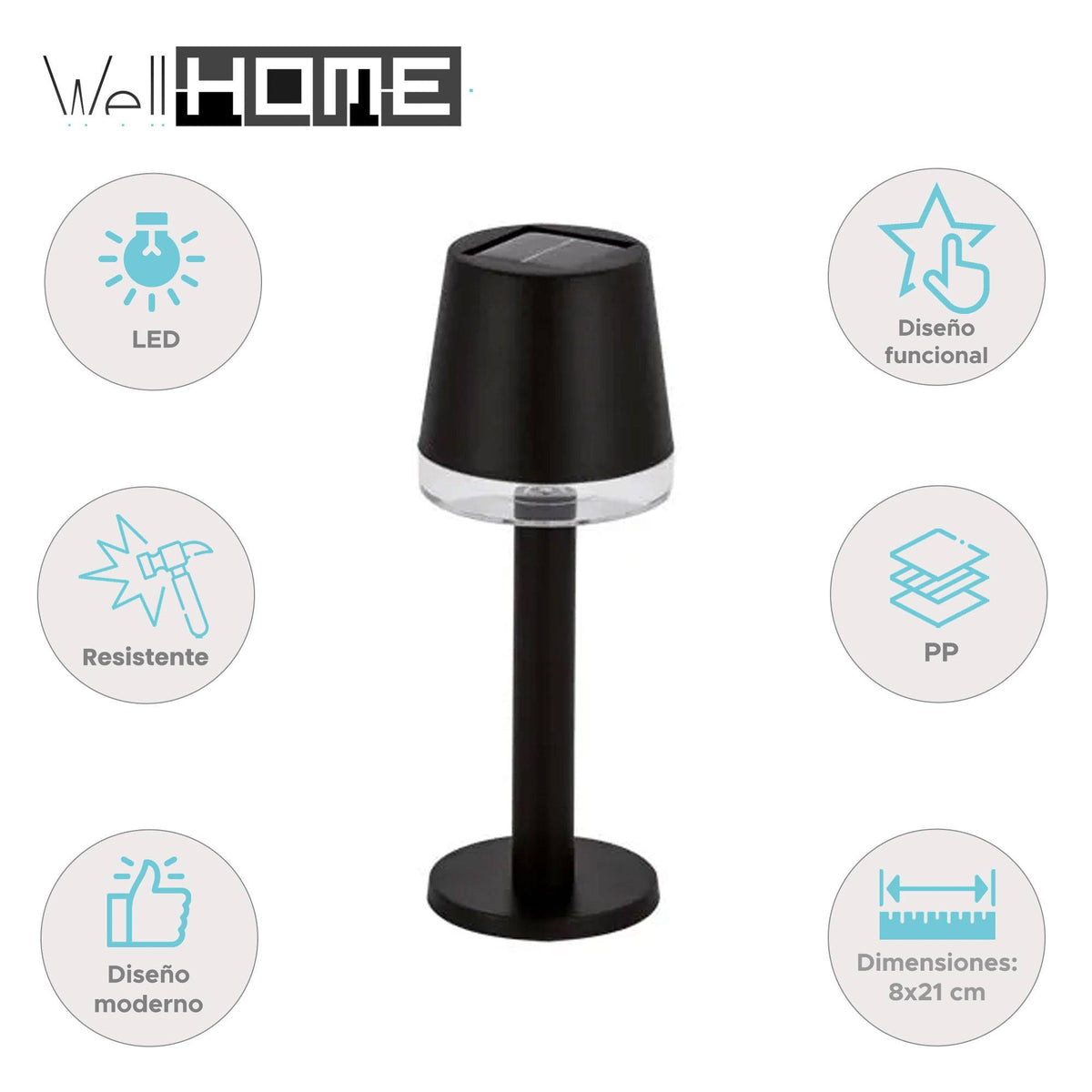 Lámpara de mesa solar LED blanco cálido negro 8x21 cm (2)